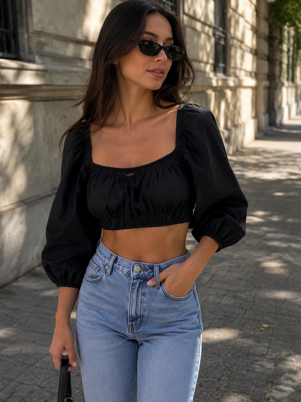 Faithfull the Brand Black Puff-Sleeve Cropped Top 4